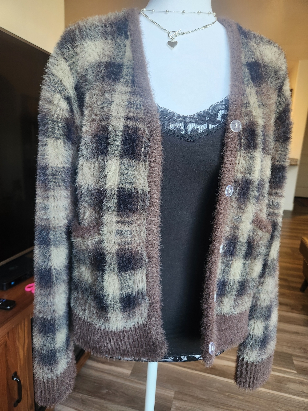 UNIF Brown & Cream Fuzzy Plaid Cardigan